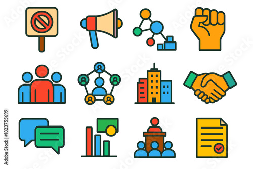 Sociology Icons Set. Flat vector icons of sociology: protest sign, megaphone, raised fist, community group, social network, city