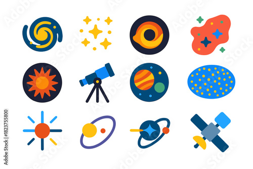 Astrophysics Icon Set. Flat vector icons of astrophysics: galaxy, star cluster, black hole, nebula, supernova, telescope,