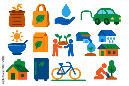 Sustainable Practice Icons. Flat vector icons of sustainable practices: compost bin, reusable bag, water conservation, electric
