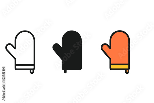 Oven Mitt Icon Trio. Minimalist oven mitt cooking icon: three identical protective mittens in a row, first in line style with thin