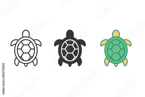 Minimalist Turtle Icons. Minimalist turtle animal icon: three identical turtles with shell patterns in top view in a row, first in