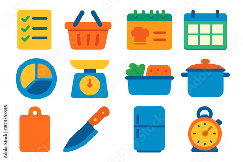Vibrant Meal Planning Icons. Flat vector icons of meal planning: grocery list, shopping basket, recipe book, calendar, portion