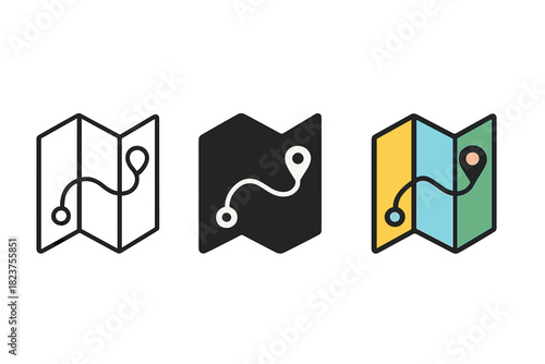 Minimalist Map Icons. Minimalist map navigation icon: three identical folded maps with simple route lines in a row, first in line