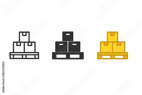Pallet Cargo Icons. Minimalist pallet cargo icon: three identical wooden pallets with stacked boxes in a row, first in line style