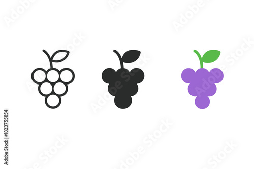 Grape Icon Styles. Minimalist grapes fruit icon: three identical grape bunches with small round berries and a leaf on top in a row
