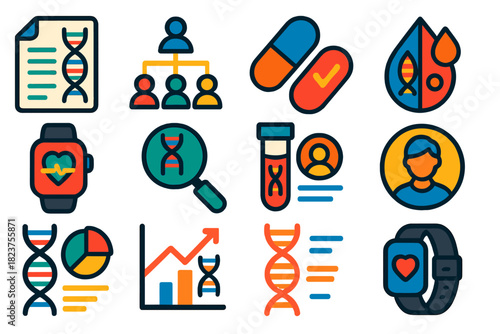 Genetic Insights Icons. Flat vector icons of personalized genetics: genome report, ancestry chart, personalized medicine pill,