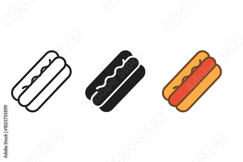 Minimalist Hotdog Trio. Minimalist hotdog fast food icon: three identical hotdogs in buns with sausage inside in a row, first in