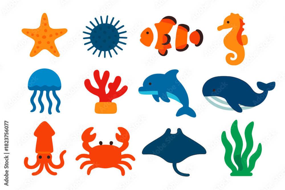 Fototapeta premium Marine Biology Icons. Flat vector icons of marine biology: starfish, sea urchin, clownfish, seahorse, jellyfish, coral polyp,