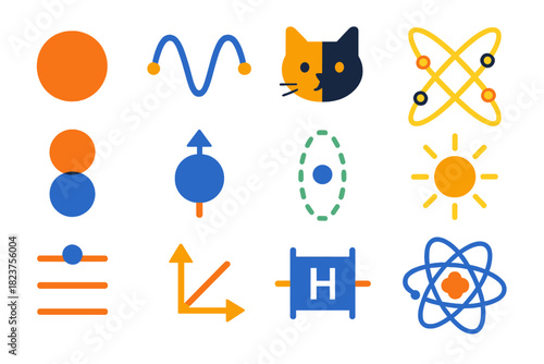 Quantum Mechanics Icons. Flat vector icons of quantum mechanics: quantum particle, wave function, Schrödinger cat, entanglement
