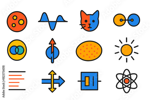 Quantum Mechanics Icons. Flat vector icons of quantum mechanics: quantum particle, wave function, Schrödinger cat, entanglement