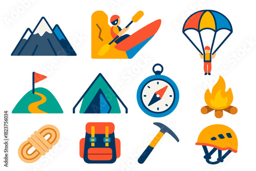 Adventure Travel Icons. Flat vector icons of adventure travel: mountain peak, rock climbing, kayaking, parachute, hiking trail,