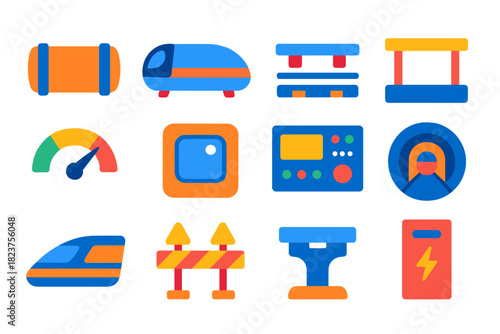 Hyperloop Iconset. Flat vector icons of hyperloop technology: vacuum tube, pod capsule, magnetic levitation track, station
