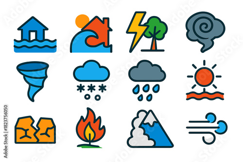 Extreme Weather Icons. Flat vector icons of extreme weather: flood, storm surge, lightning strike, hurricane cloud, tornado funnel