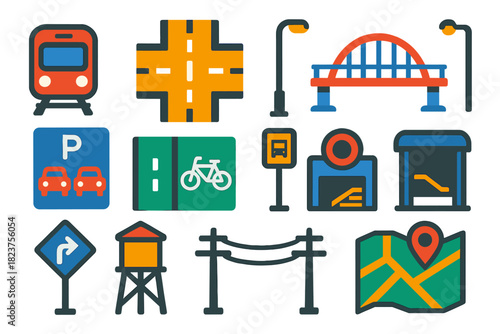Urban Infrastructure Icons. Flat vector icons of urban infrastructure: metro train, traffic intersection, streetlight, pedestrian