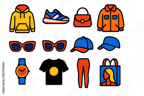 Modern Fashion Icons. Flat vector icons of modern trends: streetwear hoodie, sneakers, oversized jacket, statement sunglasses,
