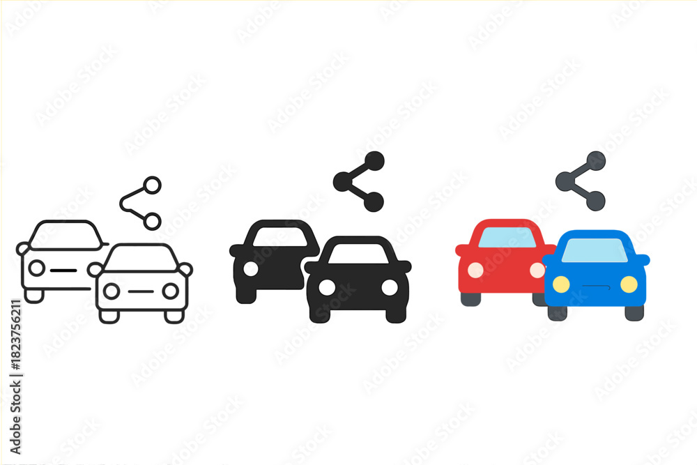 Fototapeta premium Car Sharing Icon. Minimalist car sharing icon: three identical cars with a small share arrow symbol in a row, first in line style
