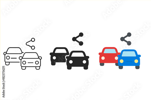 Car Sharing Icon. Minimalist car sharing icon: three identical cars with a small share arrow symbol in a row, first in line style