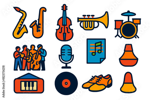 Jazz Evolution Icons. Flat vector icons of jazz evolution: saxophone, double bass, trumpet, drum set, jazz band, microphone, piano