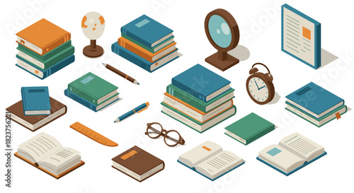 Isometric study desk essentials with books, stationery, and decor