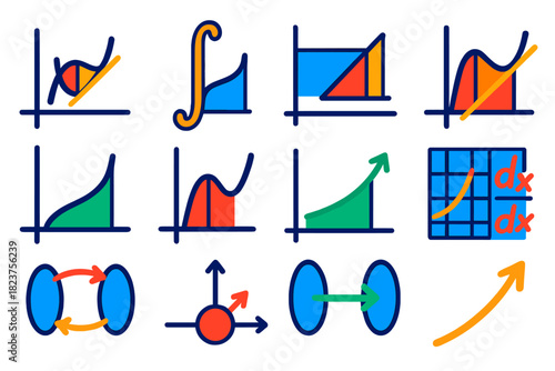 Calculus Icons Collection. Flat vector icons of calculus: derivative graph, integral symbol, limit notation, slope triangle,