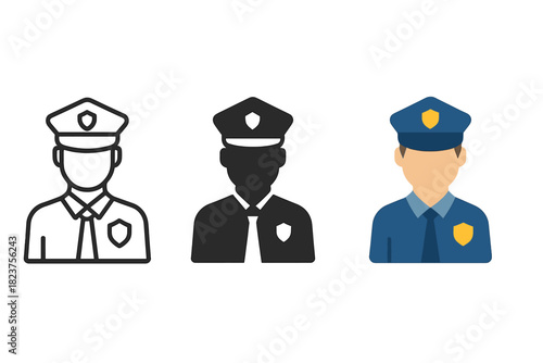 Police Icon Variations. Minimalist police officer profession icon: three identical police figures with caps in a row, first in