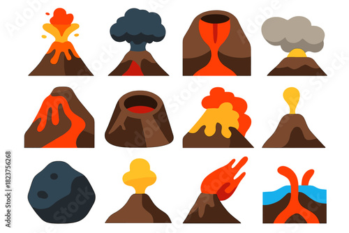 Volcano Icon Set. Flat vector icons of volcanoes: erupting volcano, lava flow, ash cloud, magma chamber, crater, volcanic rock,