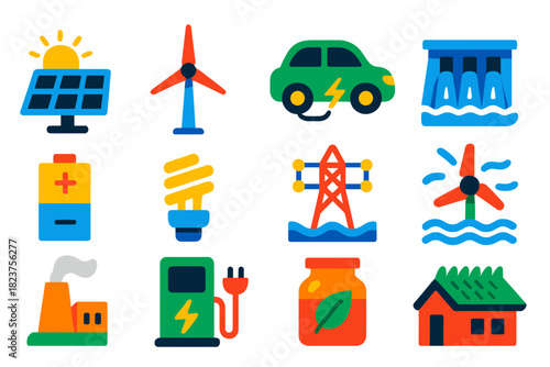 Eco Energy Icons. Flat vector icons of renewable solutions: solar panel, wind turbine, electric car, hydro dam, battery storage,