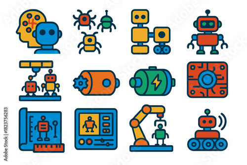 Flat Robotic Icons. Flat vector icons of robotic innovation: AI integration, swarm robotics, modular robot, robotic prototype, 3D