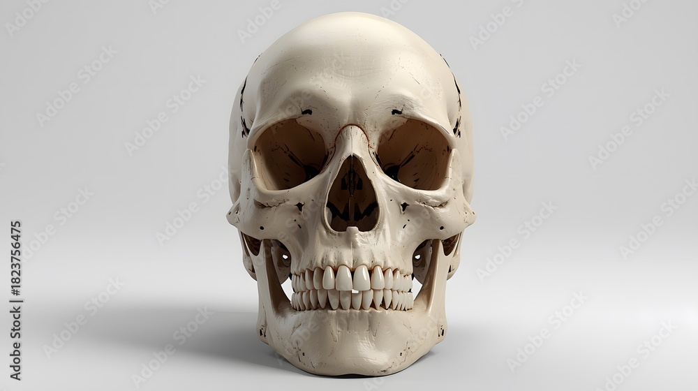Fototapeta premium Close up front view of a human skull on a white background