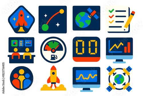 Space Mission Icons. Flat vector icons of space mission planning: mission patch, trajectory chart, satellite map, checklist,