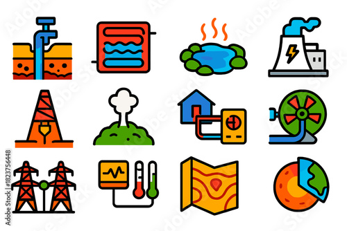 Geothermal Energy Icons. Flat vector icons of geothermal energy: geothermal well, heat exchanger, hot spring, geothermal power