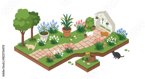 Isometric garden scene with cats and flowers in a peaceful setting