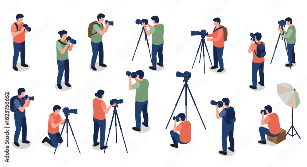 Fototapeta premium Diverse photographers in action with cameras and tripods in an isometric style