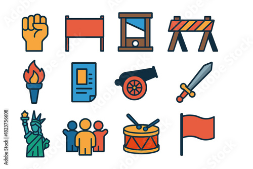 Revolution Icons. Flat vector icons of revolutions and uprisings: raised fist, protest banner, guillotine, barricade, torch,