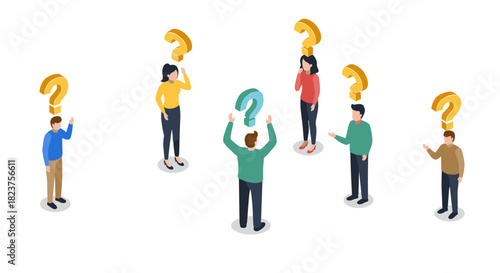 Team brainstorming session with question marks in 3d isometric style