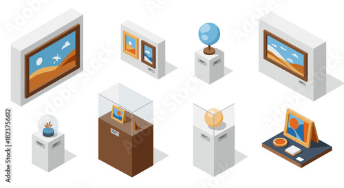 Isometric art gallery with paintings and sculptures on display