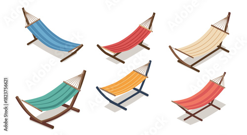 Colorful isometric hammocks collection on white background with wooden stands