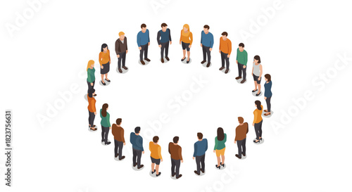 Diverse people standing in a circle in isometric style on white background