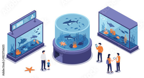 Family enjoying an isometric aquarium exhibit with marine life