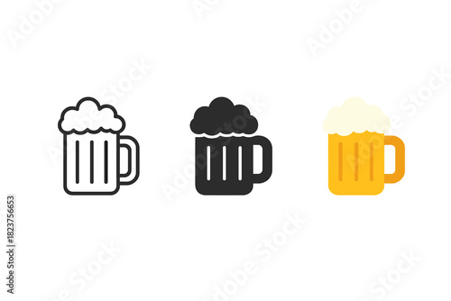 Minimalist Beer Mugs. Minimalist beer mug icon: three identical beer mugs with foam on top in a row, first in line style with thin