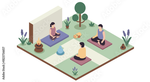 Isometric yoga session in tranquil outdoor garden setting with meditating figures