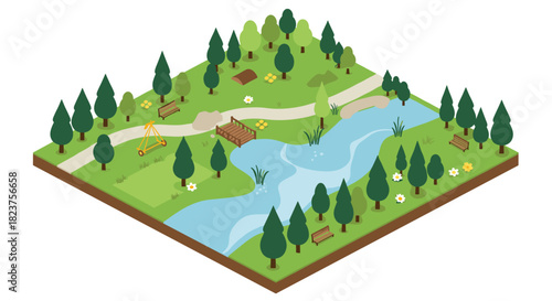 Isometric park landscape with river, trees, and play area
