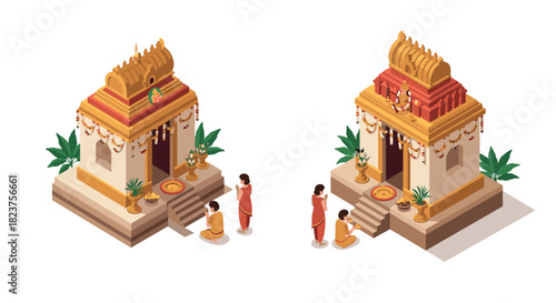 Isometric hindu temple with traditional decor and worshippers