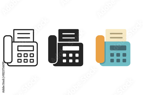 Fax Machine Icons. Minimalist fax machine office icon: three identical fax machines with paper sheet in a row, first in line style