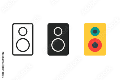 Minimalist Speaker Variations. Minimalist speaker icon: three identical rectangular speakers with two circles inside in a row,