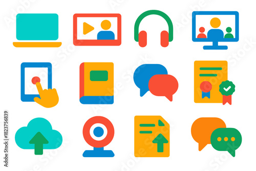 Online Learning Icons. Flat vector icons of online learning: laptop, video lecture, headphones, virtual classroom, tablet, e-book,