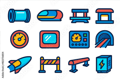 Hyperloop Iconset. Flat vector icons of hyperloop technology: vacuum tube, pod capsule, magnetic levitation track, station