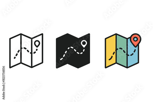 Minimalist Travel Maps. Minimalist map travel icon: three identical folded maps with path lines in a row, first in line style with