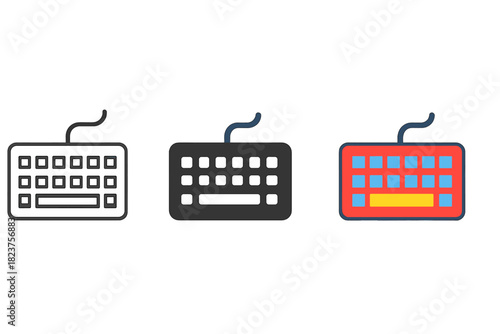 Keyboard Icon Styles. Minimalist keyboard office icon: three identical computer keyboards in a row, first in line style with thin