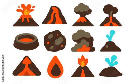 Volcano Icon Set. Flat vector icons of volcanoes: erupting volcano, lava flow, ash cloud, magma chamber, crater, volcanic rock,